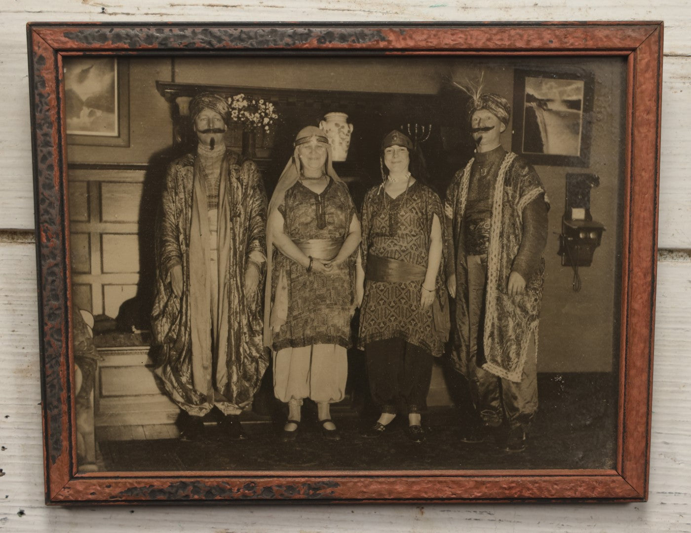 Lot 080 - Vintage Framed Photograph Of Two Men And Two Women In Exotic Costumes, Likely Part Of A Fraternal Gathering Or Party, Label From Holyoke, Massachusetts