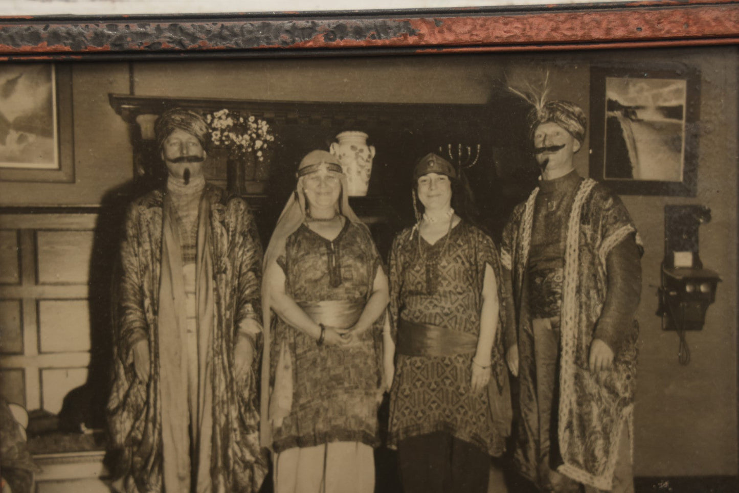 Lot 080 - Vintage Framed Photograph Of Two Men And Two Women In Exotic Costumes, Likely Part Of A Fraternal Gathering Or Party, Label From Holyoke, Massachusetts