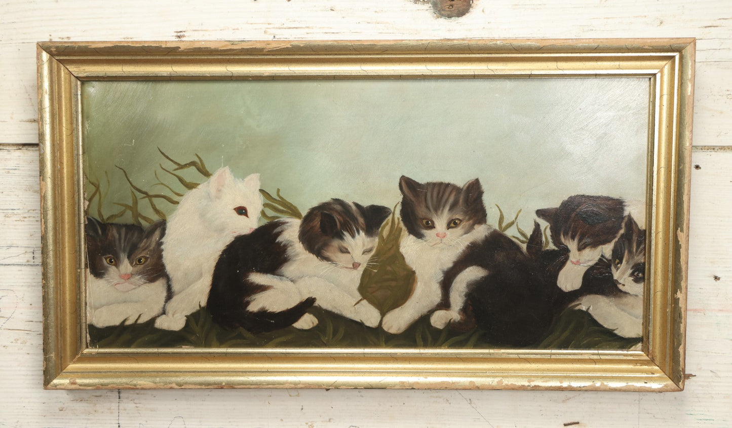 Lot 001 - Antique Painting On Board Of Six Baby Kittens In The Grass, Custom Frame, On F.W. Devoe & Co. Academy Board, Circa Late 19th Century, 20-3/4" x 11-1/4"