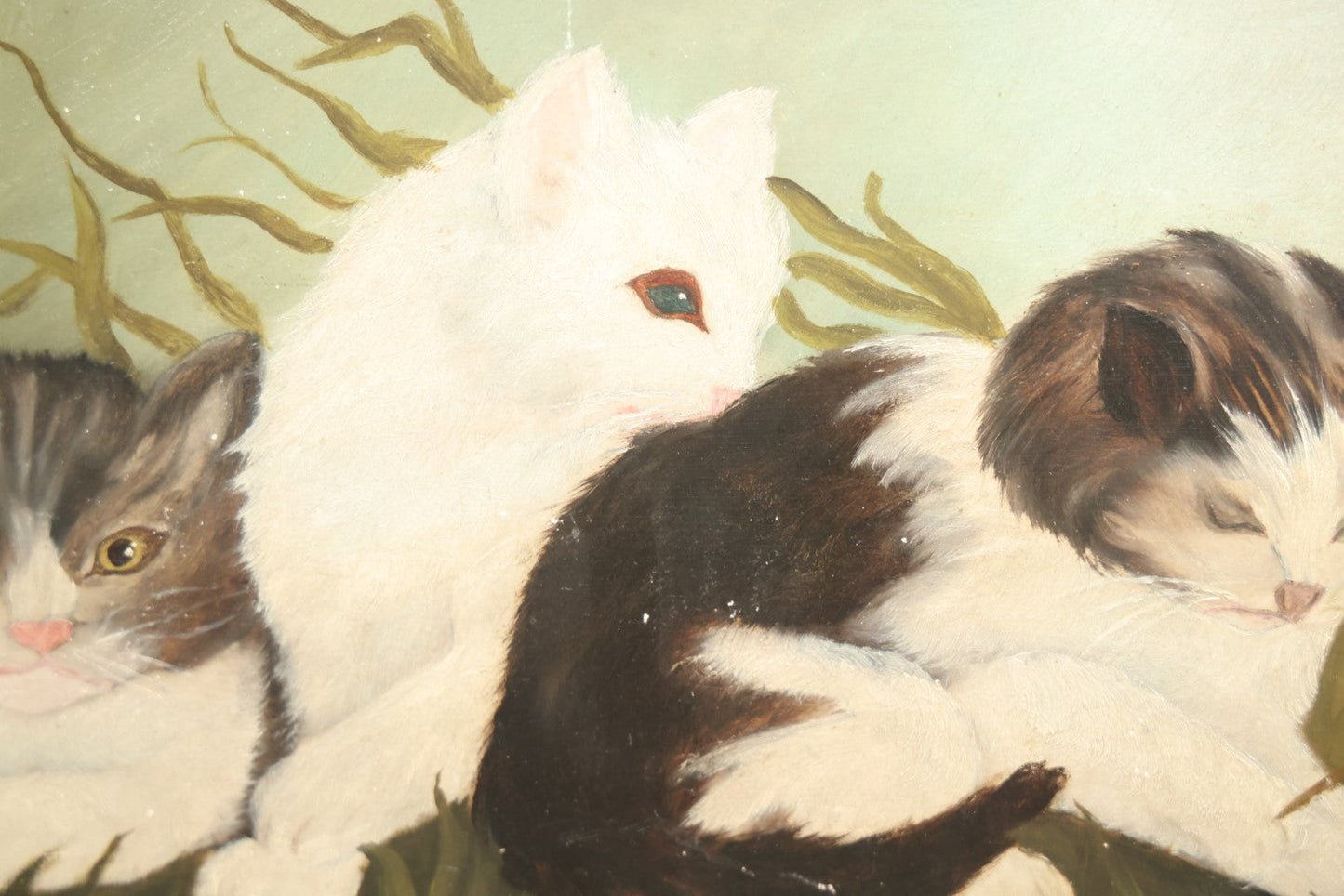 Lot 001 - Antique Painting On Board Of Six Baby Kittens In The Grass, Custom Frame, On F.W. Devoe & Co. Academy Board, Circa Late 19th Century, 20-3/4" x 11-1/4"