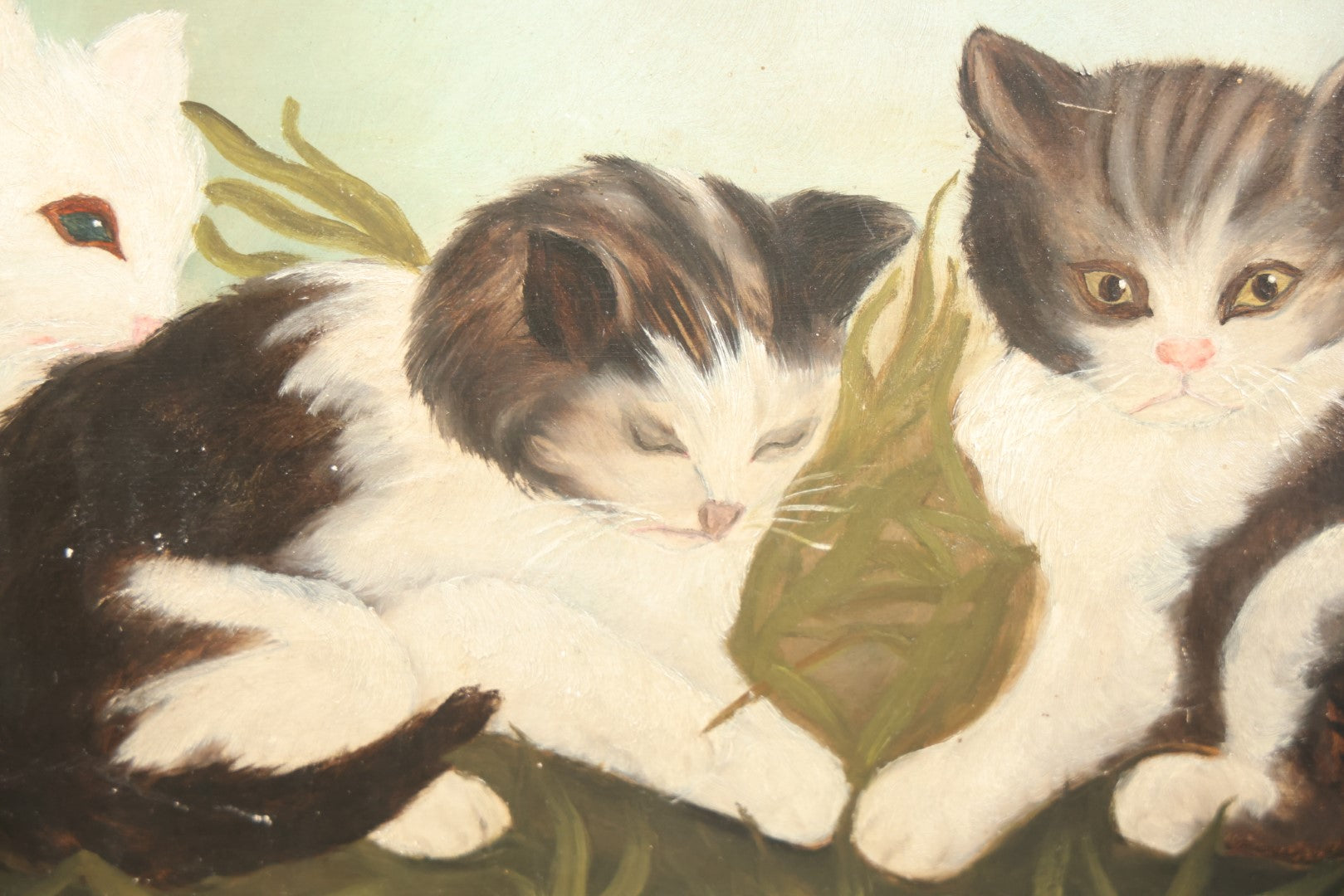 Lot 001 - Antique Painting On Board Of Six Baby Kittens In The Grass, Custom Frame, On F.W. Devoe & Co. Academy Board, Circa Late 19th Century, 20-3/4" x 11-1/4"