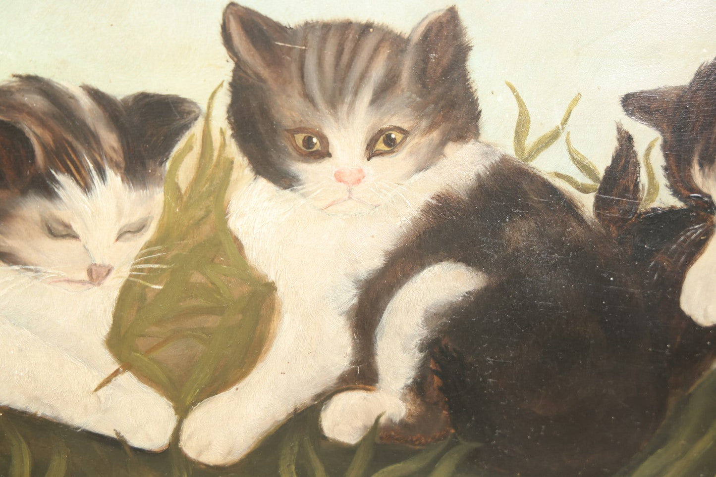 Lot 001 - Antique Painting On Board Of Six Baby Kittens In The Grass, Custom Frame, On F.W. Devoe & Co. Academy Board, Circa Late 19th Century, 20-3/4" x 11-1/4"