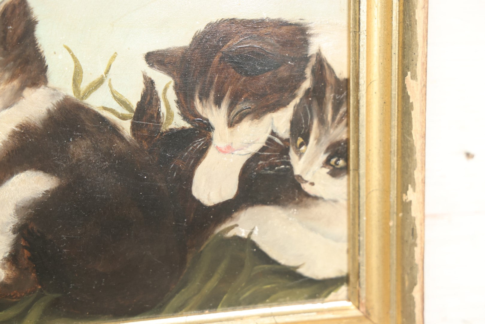 Lot 001 - Antique Painting On Board Of Six Baby Kittens In The Grass, Custom Frame, On F.W. Devoe & Co. Academy Board, Circa Late 19th Century, 20-3/4" x 11-1/4"