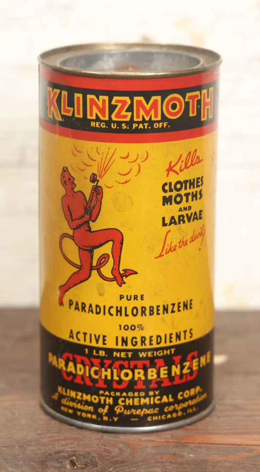 Lot 003 - Vintage Klinzmoth Devil Tin, Kills Moths And And Larvae, Paradichlorobenzene Crystals, By Klinzmoth Chemical Corp,. New York, Chicago