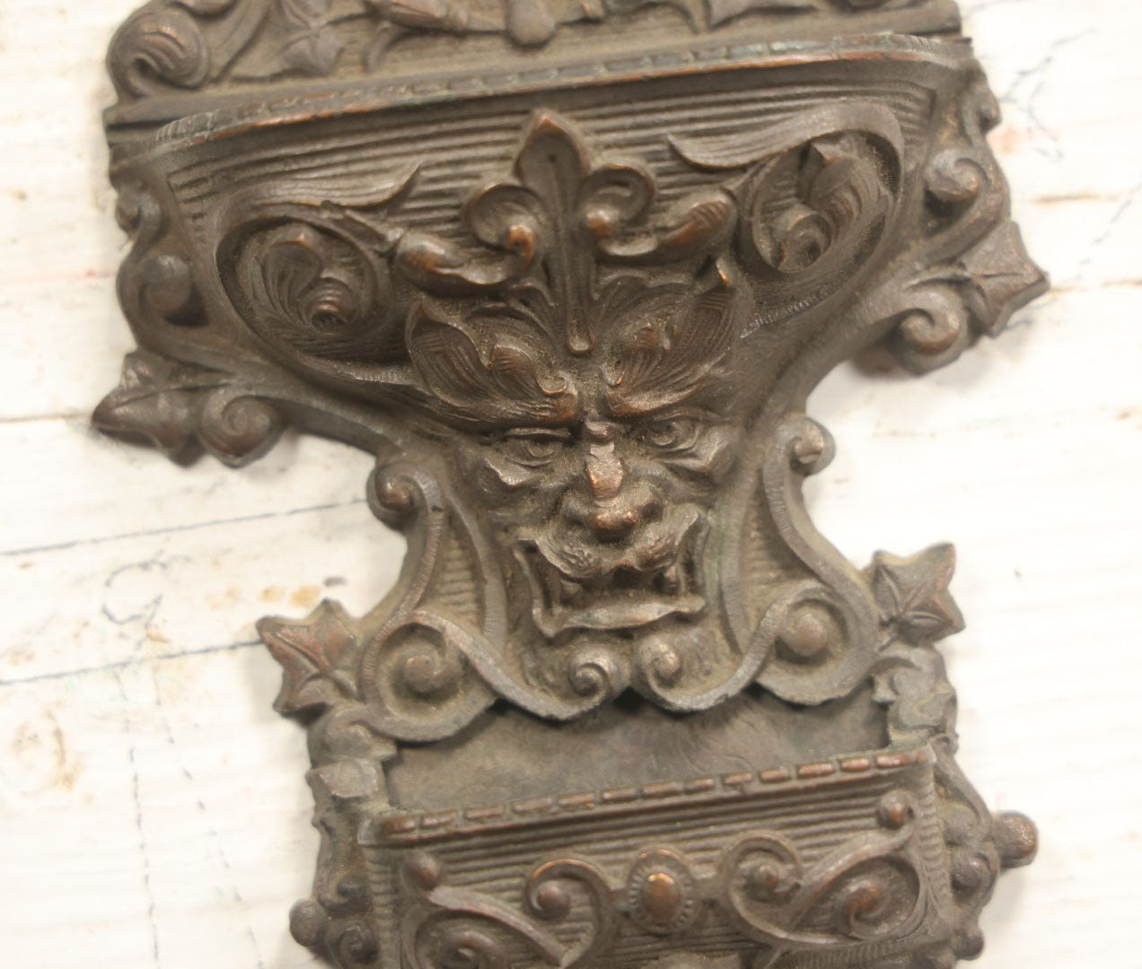 Lot 004 - Rare Antique Cast Metal Devil Demon Grinning Face Match Safe And Strike, Wall Hanging, Note Rough Solder