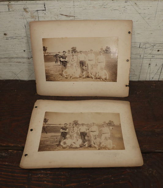 Lot 007 - Pair Of Early Antique Baseball Team Group Mounted Photographs, From A Photo Album, Note Pitcher In Background, Early Uniforms And Gear, Circa Late 1880s, Other Photos On Back, Approx 7-1/2" x 4-1/2" Actual Photo Dimensions