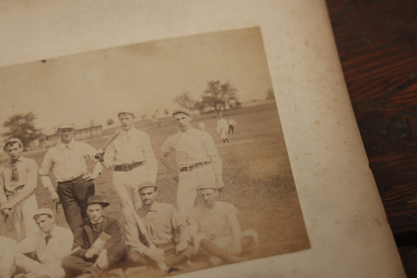 Lot 007 - Pair Of Early Antique Baseball Team Group Mounted Photographs, From A Photo Album, Note Pitcher In Background, Early Uniforms And Gear, Circa Late 1880s, Other Photos On Back, Approx 7-1/2" x 4-1/2" Actual Photo Dimensions