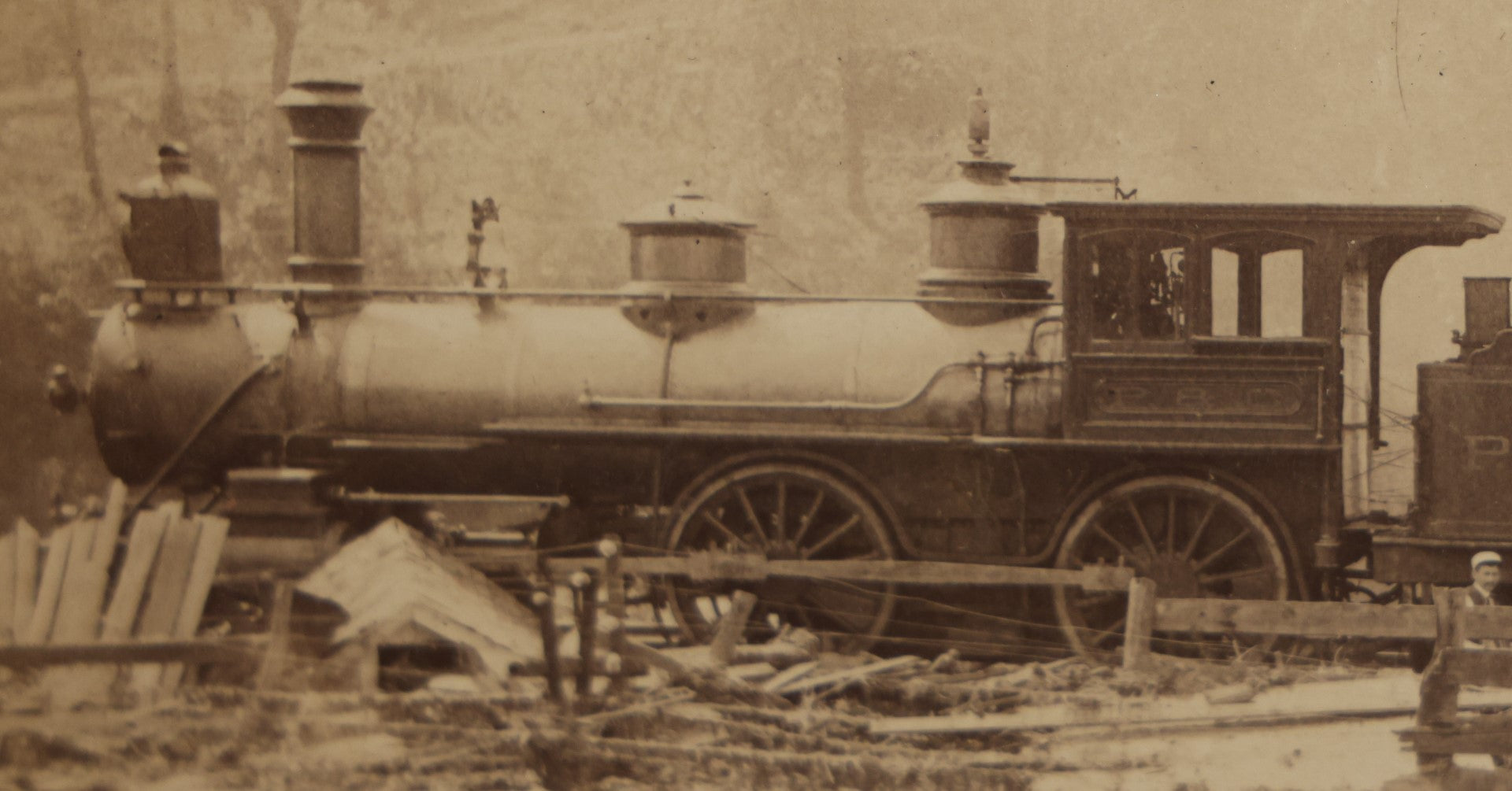 Lot 009 - Pair Of Antique Mounted Railroad Train Locomotive Photographs, Likely Pittsburgh And Connellsville Railroad, Circa 1880s, With Workers Visible