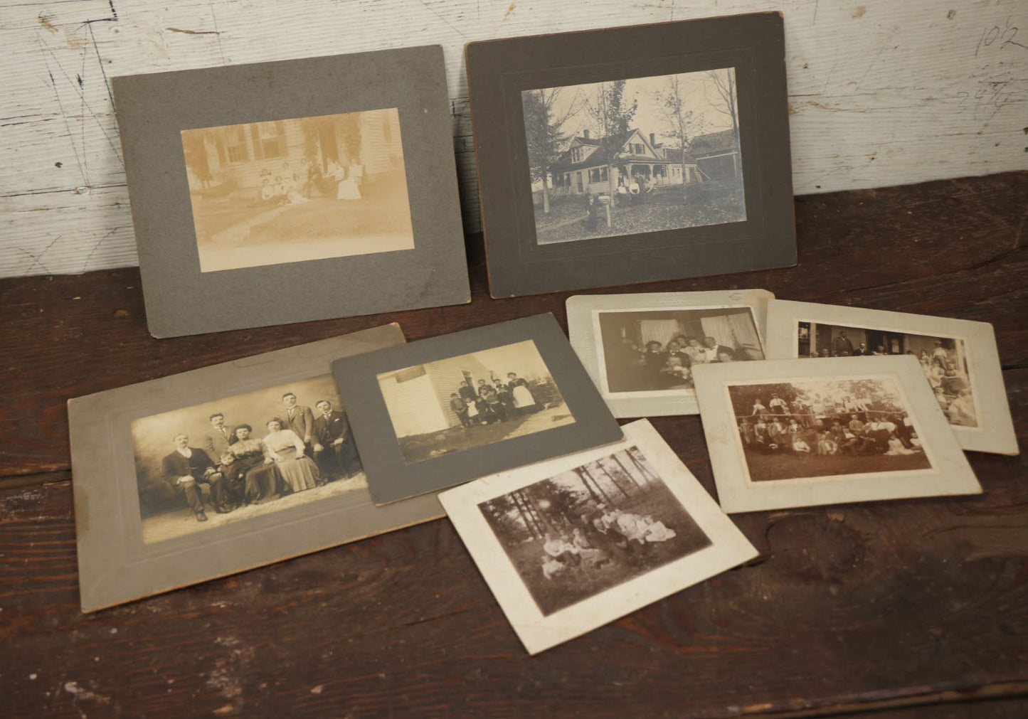 Lot 140 - Grouping Of Eight Antique Boarded Photos Of Groups Of People Outside, Turn Of The Century, Including Houses, Interior Shots, And More