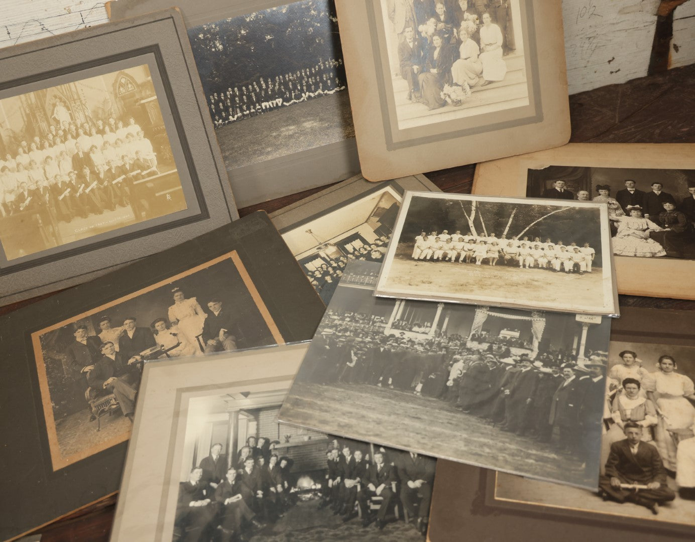 Lot 143 - Grouping Of Ten Antique Group Photographs, Boarded And Others, Showing First Communion Recipients, Graduates, Societies, Horse Race, And More