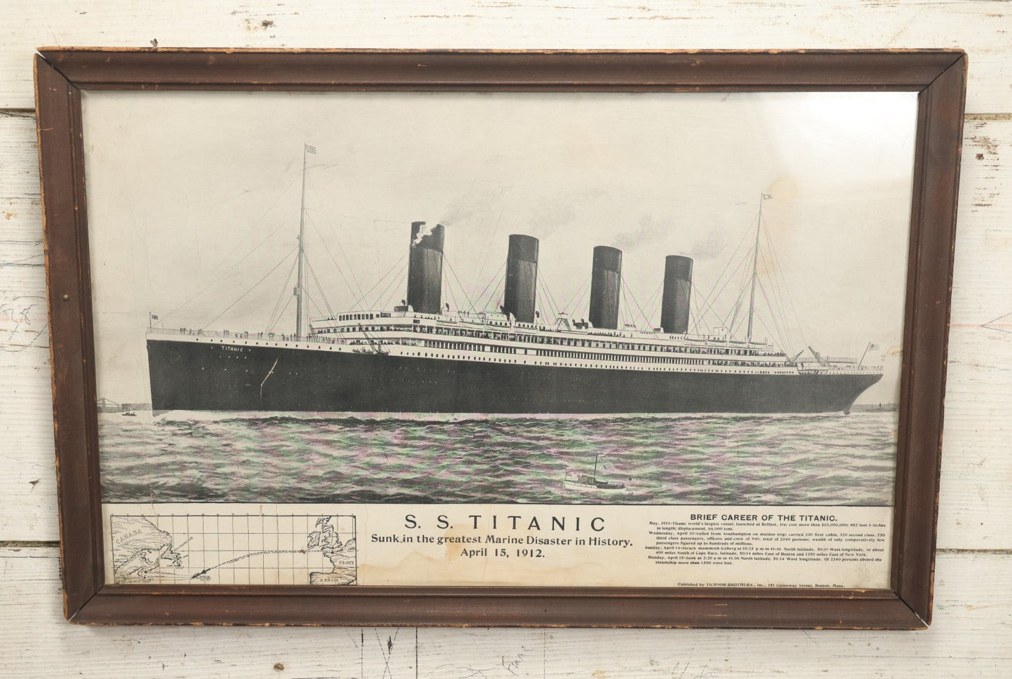 Lot 013 - Antique Framed White Star Line Titanic Poster, Commemorating The Sinking And Disaster, Published By Tichnor Brother, Inc., Boston, Massachusetts, Circa Early 20th Century, 23-1/2" x 15"