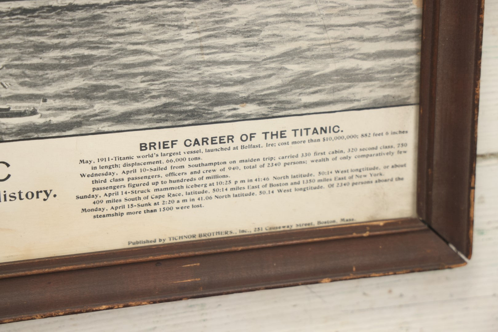 Lot 013 - Antique Framed White Star Line Titanic Poster, Commemorating The Sinking And Disaster, Published By Tichnor Brother, Inc., Boston, Massachusetts, Circa Early 20th Century, 23-1/2" x 15"