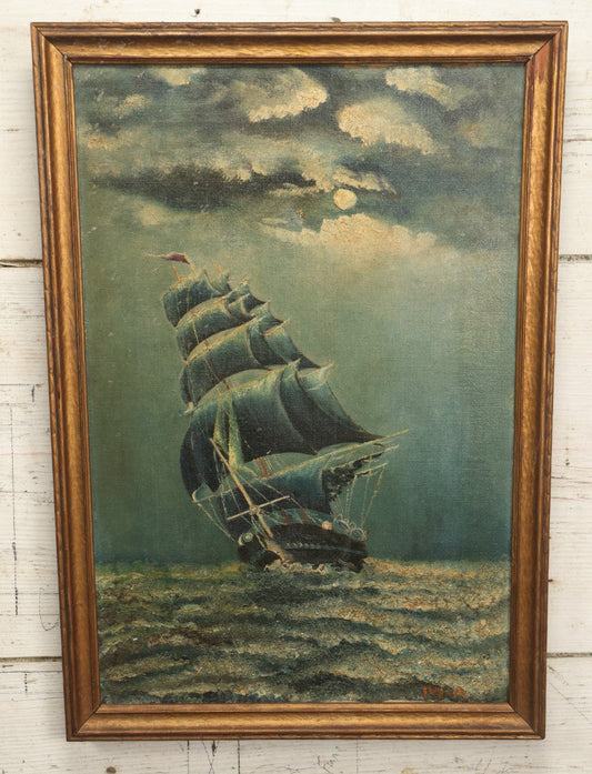 Lot 014 - Vintage Oil On Canvas Clipper Tall Sailing Ship Painting, Night Scene On The Ocean, With Moon, Blue Hues, Artist Signed M.A., Curtis Art Co., Waterbury, Connecticut Gallery Label, Note Holes, Losses, 13-3/4" x 20"