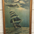 Lot 014 - Vintage Oil On Canvas Clipper Tall Sailing Ship Painting, Night Scene On The Ocean, With Moon, Blue Hues, Artist Signed M.A., Curtis Art Co., Waterbury, Connecticut Gallery Label, Note Holes, Losses, 13-3/4" x 20"