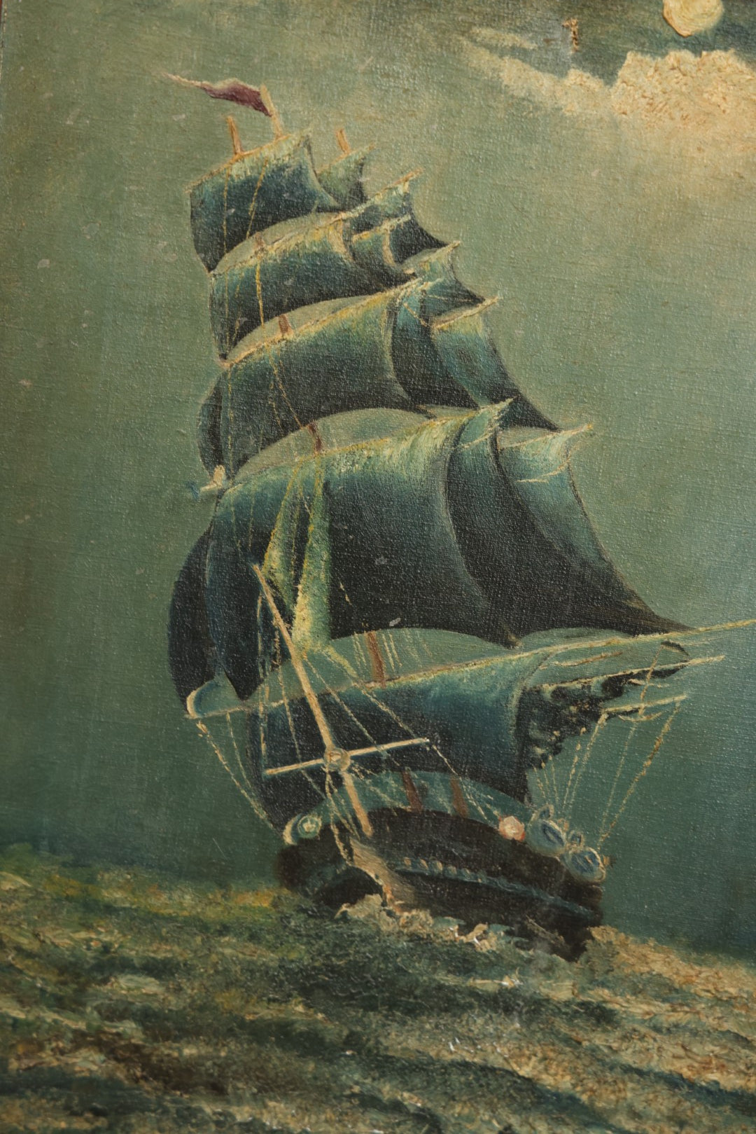 Lot 014 - Vintage Oil On Canvas Clipper Tall Sailing Ship Painting, Night Scene On The Ocean, With Moon, Blue Hues, Artist Signed M.A., Curtis Art Co., Waterbury, Connecticut Gallery Label, Note Holes, Losses, 13-3/4" x 20"