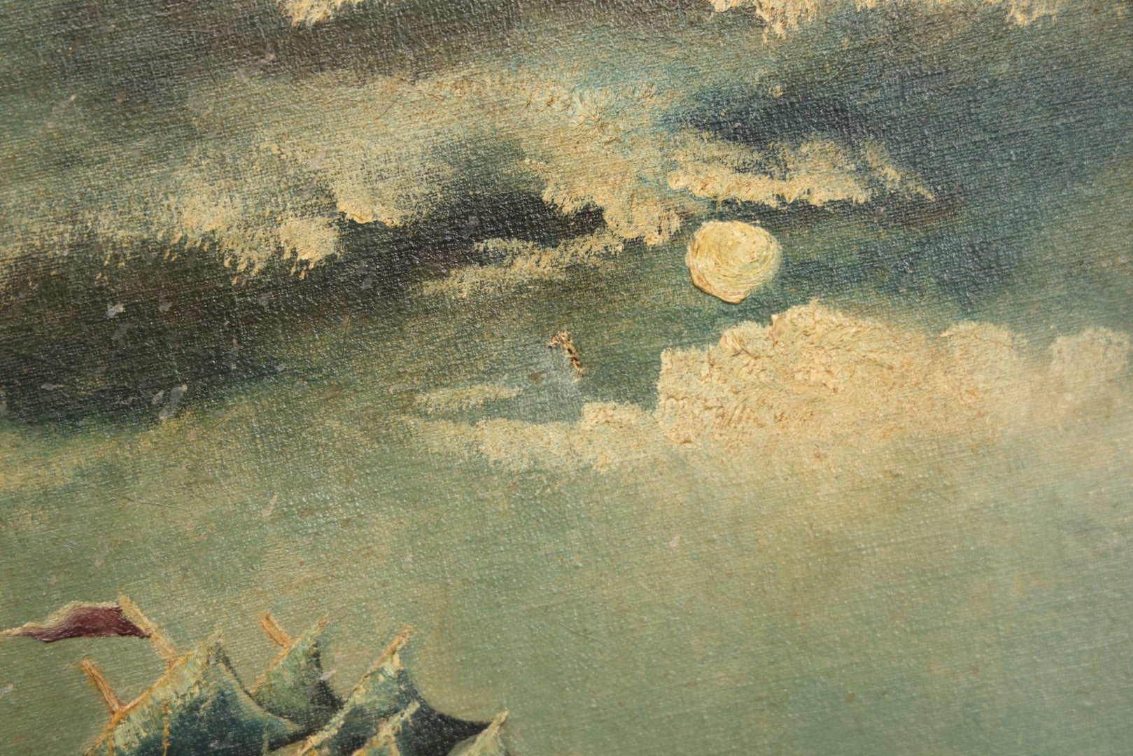 Lot 014 - Vintage Oil On Canvas Clipper Tall Sailing Ship Painting, Night Scene On The Ocean, With Moon, Blue Hues, Artist Signed M.A., Curtis Art Co., Waterbury, Connecticut Gallery Label, Note Holes, Losses, 13-3/4" x 20"