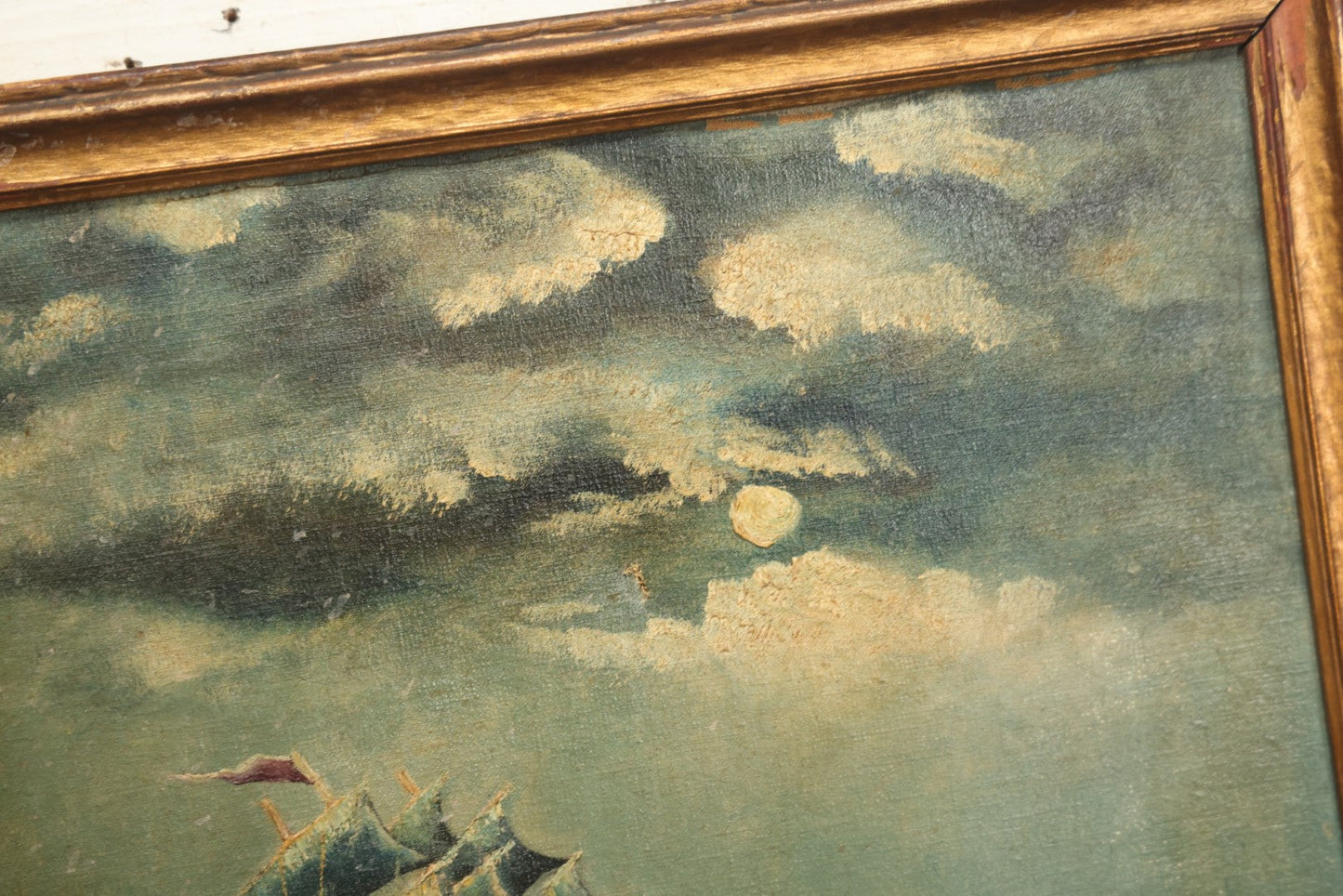 Lot 014 - Vintage Oil On Canvas Clipper Tall Sailing Ship Painting, Night Scene On The Ocean, With Moon, Blue Hues, Artist Signed M.A., Curtis Art Co., Waterbury, Connecticut Gallery Label, Note Holes, Losses, 13-3/4" x 20"