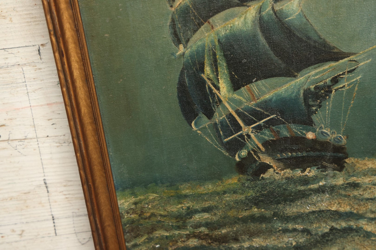 Lot 014 - Vintage Oil On Canvas Clipper Tall Sailing Ship Painting, Night Scene On The Ocean, With Moon, Blue Hues, Artist Signed M.A., Curtis Art Co., Waterbury, Connecticut Gallery Label, Note Holes, Losses, 13-3/4" x 20"