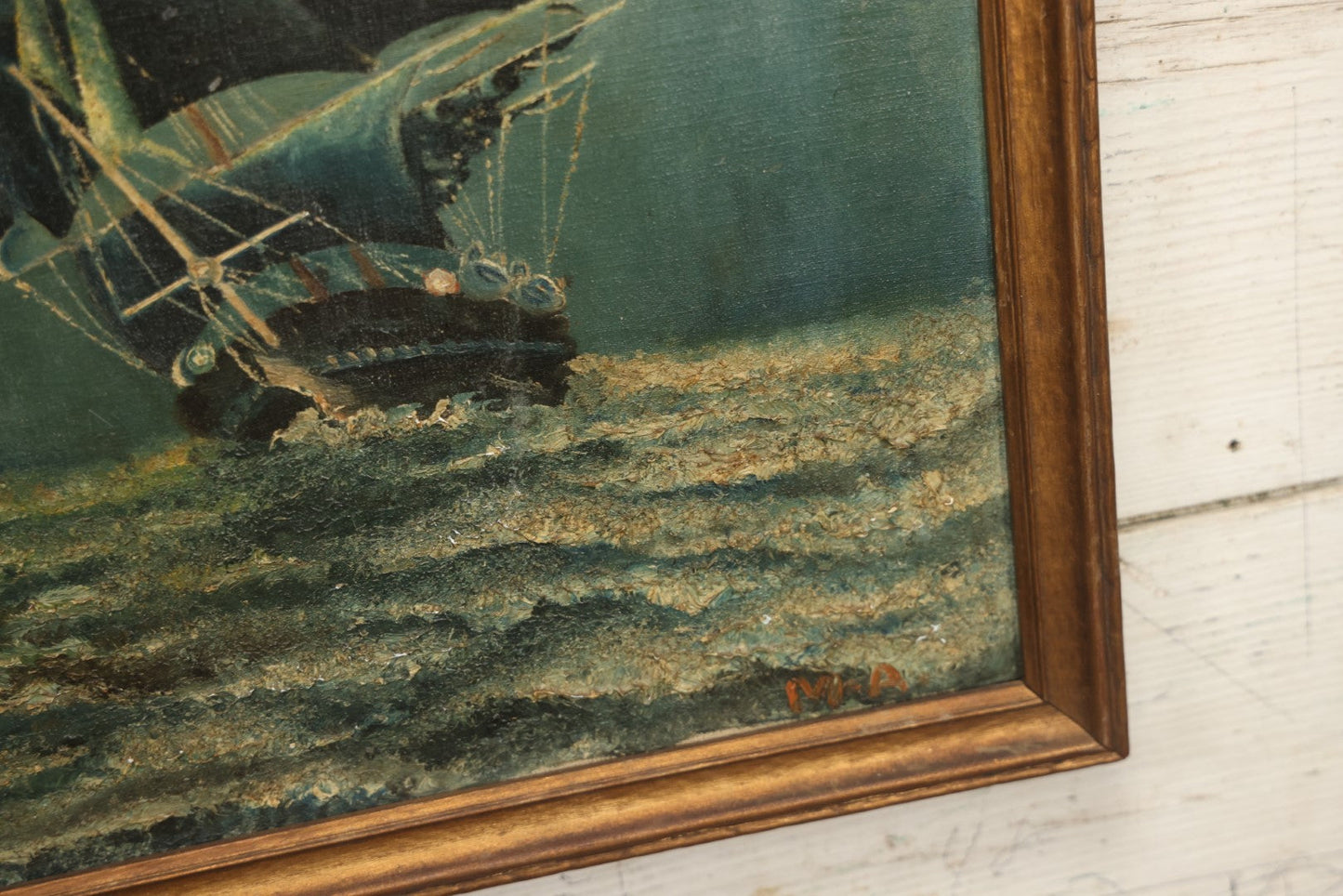 Lot 014 - Vintage Oil On Canvas Clipper Tall Sailing Ship Painting, Night Scene On The Ocean, With Moon, Blue Hues, Artist Signed M.A., Curtis Art Co., Waterbury, Connecticut Gallery Label, Note Holes, Losses, 13-3/4" x 20"