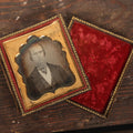Lot 021 - Antique 1/6th Plate Daguerreotype Photograph Of A Middle Aged Man, With Tie, Coat, And Vest, In Full Union Case, Split Cover, Red Pillow, Brass Mat