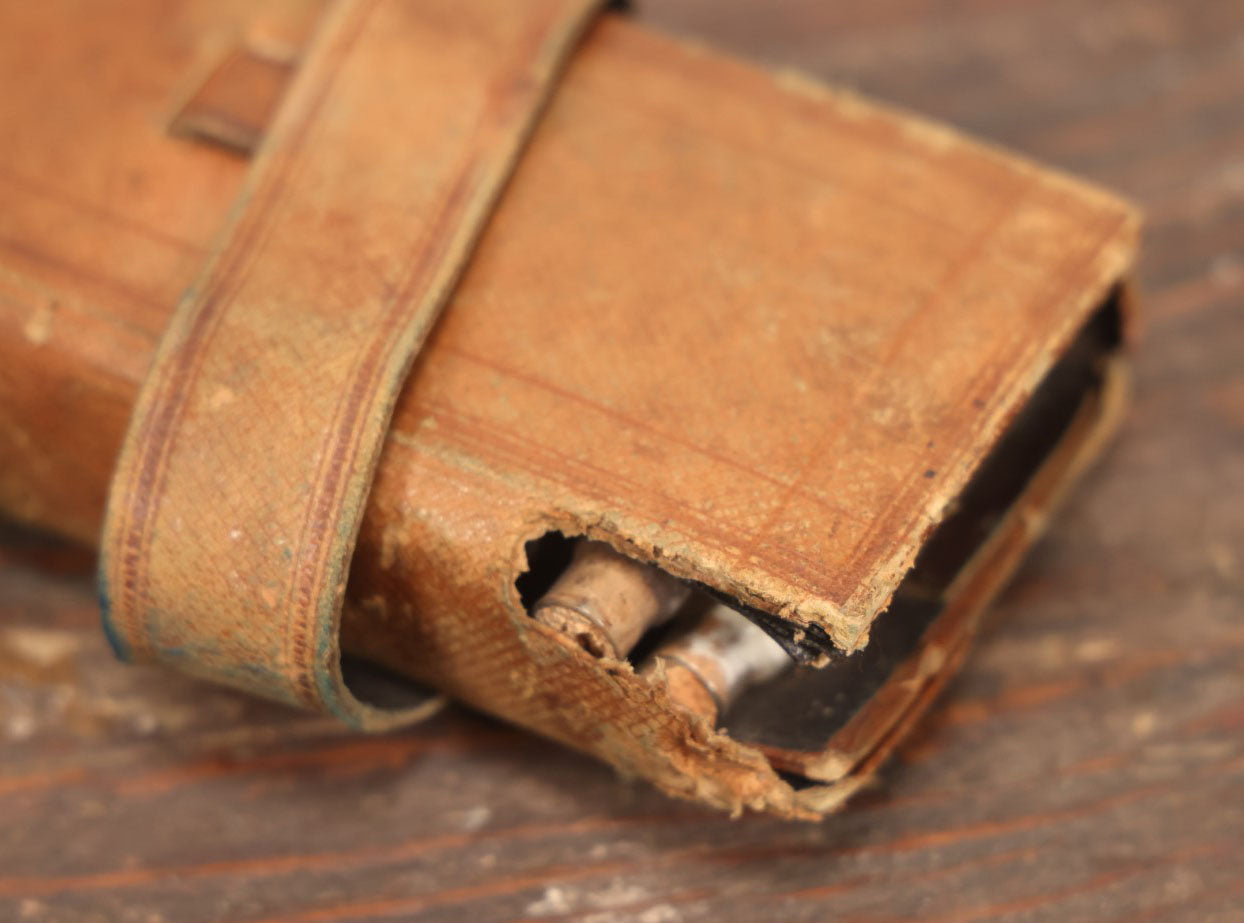 Lot 024 - Antique Leather Traveling Apothecary Wallet Kit With Many Glass Vials With Contents, Wear And Losses To Leather