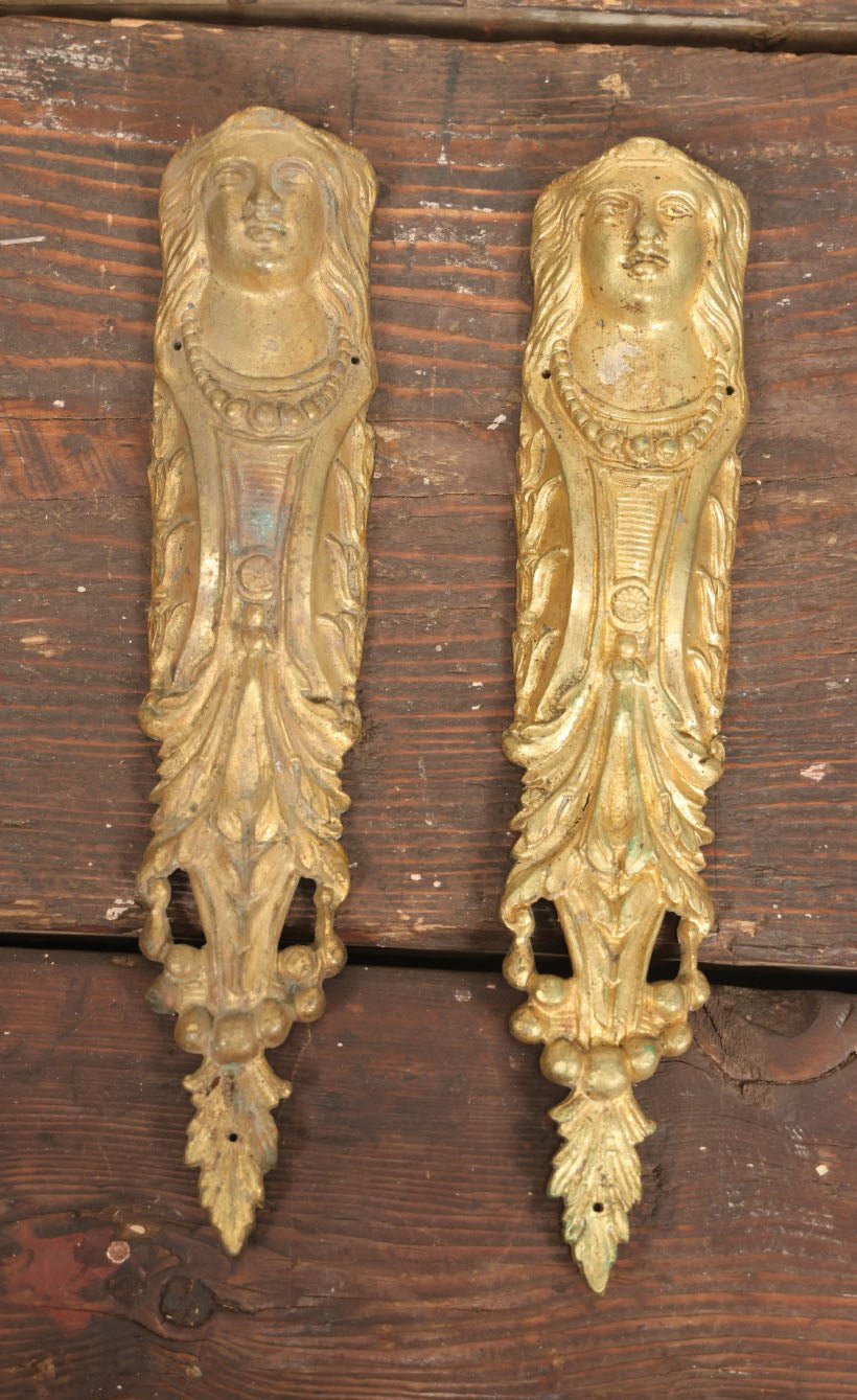 Lot 025 - Pair Of Antique Brass Ormolu Furniture Adornments, With Woman's Head, Likely Table Leg Covers