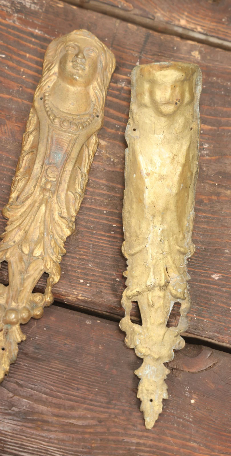 Lot 025 - Pair Of Antique Brass Ormolu Furniture Adornments, With Woman's Head, Likely Table Leg Covers