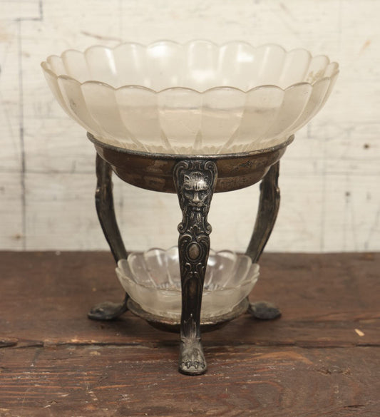 Lot 026 - Antique Two Tiered Silverplate Stand With Glass Serving Bowls, Lion Head And Claw Adornments