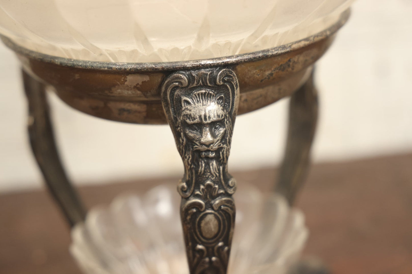 Lot 026 - Antique Two Tiered Silverplate Stand With Glass Serving Bowls, Lion Head And Claw Adornments