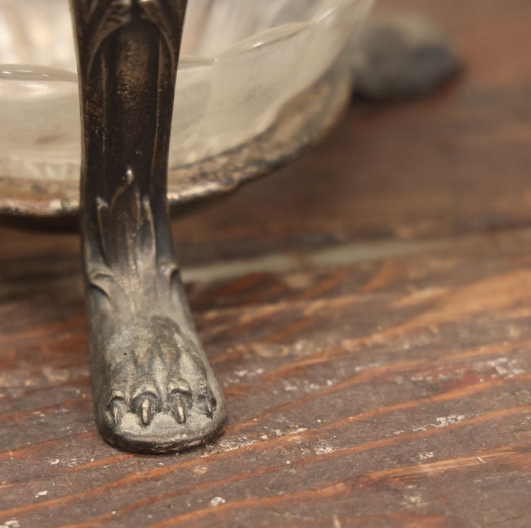 Lot 026 - Antique Two Tiered Silverplate Stand With Glass Serving Bowls, Lion Head And Claw Adornments