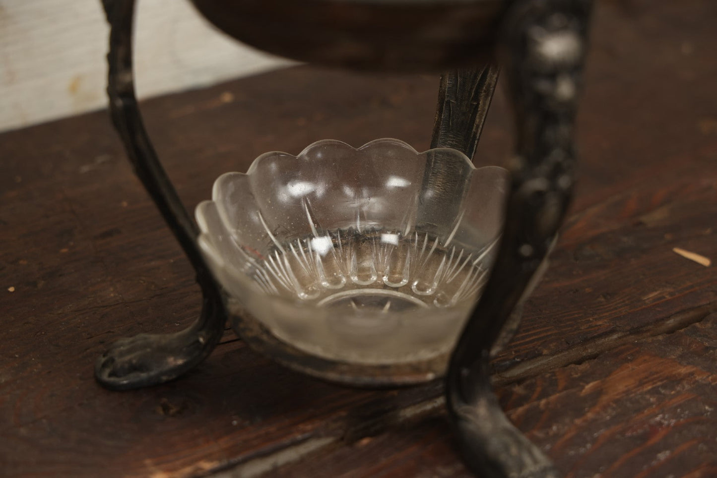 Lot 026 - Antique Two Tiered Silverplate Stand With Glass Serving Bowls, Lion Head And Claw Adornments