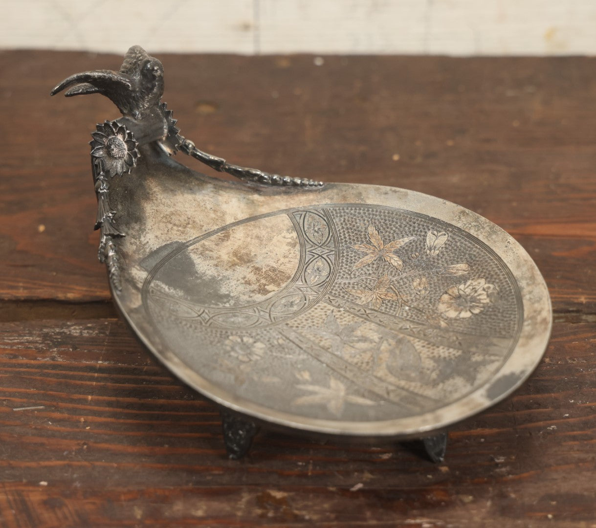 Lot 027 - Antique Silver Plate Serving Dish With Bird Adornment, By James W. Tufts, Boston, Quadruple Plated, No. 3128