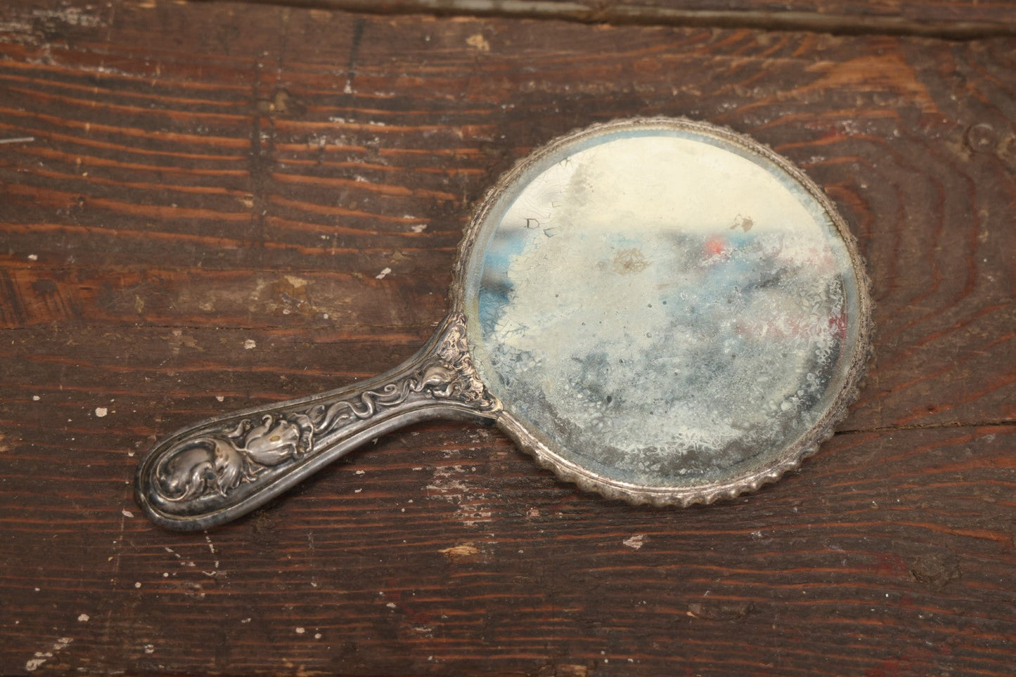 Lot 028 - Antique Silverplate Handle Hand Held Dresser Mirror With Hand Painted Porcelain Backing, Note Mirror Worn, Not Usable, Needs Replaced