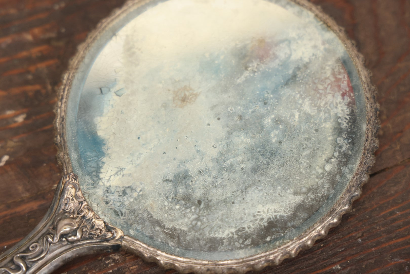 Lot 028 - Antique Silverplate Handle Hand Held Dresser Mirror With Hand Painted Porcelain Backing, Note Mirror Worn, Not Usable, Needs Replaced