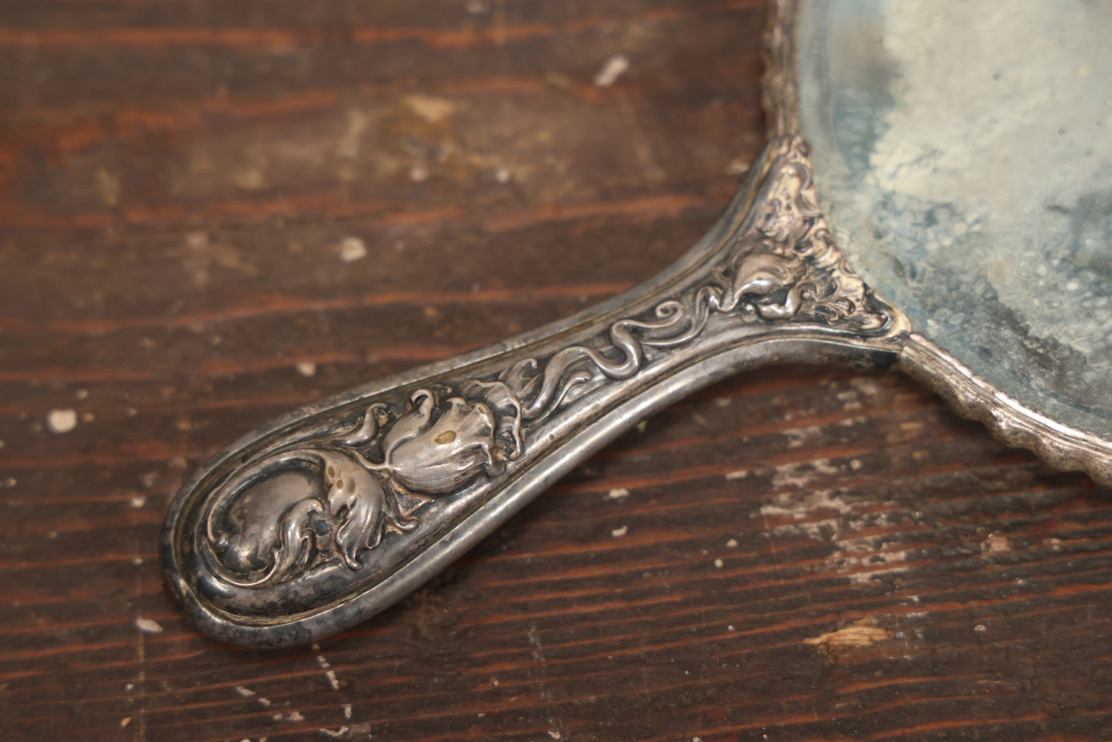 Lot 028 - Antique Silverplate Handle Hand Held Dresser Mirror With Hand Painted Porcelain Backing, Note Mirror Worn, Not Usable, Needs Replaced