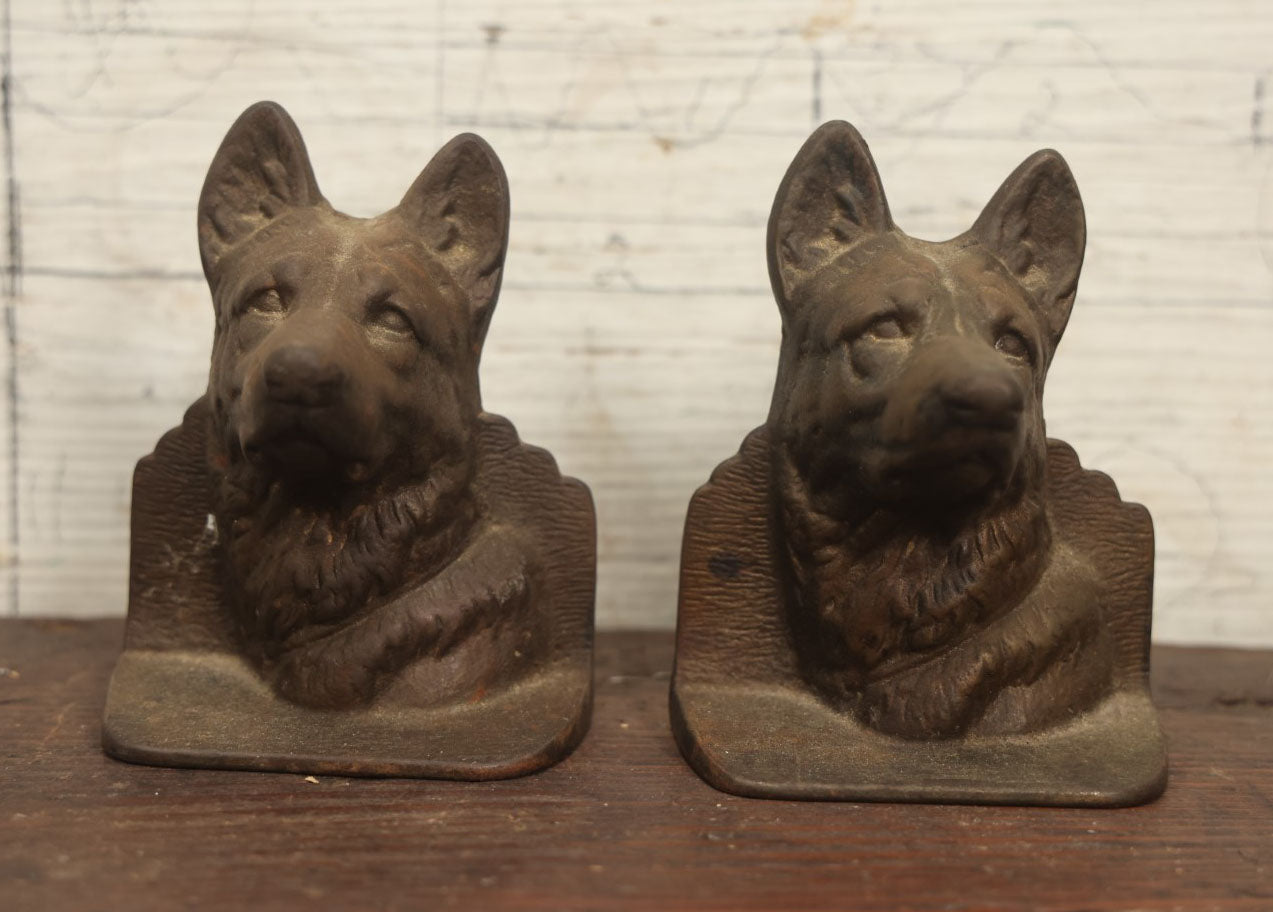 Lot 029 - Pair Of Antique Cast Iron German Shepherd Head Dog Bookends, Dog Head Looking Straight Forward