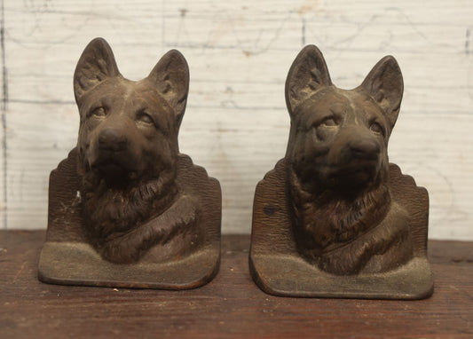 Lot 029 - Pair Of Antique Cast Iron German Shepherd Head Dog Bookends, Dog Head Looking Straight Forward