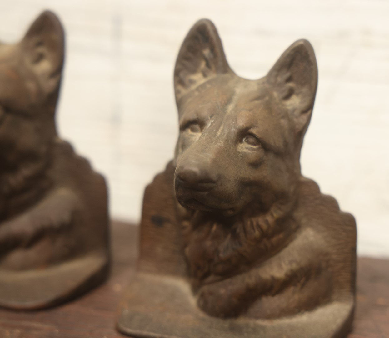 Lot 029 - Pair Of Antique Cast Iron German Shepherd Head Dog Bookends, Dog Head Looking Straight Forward