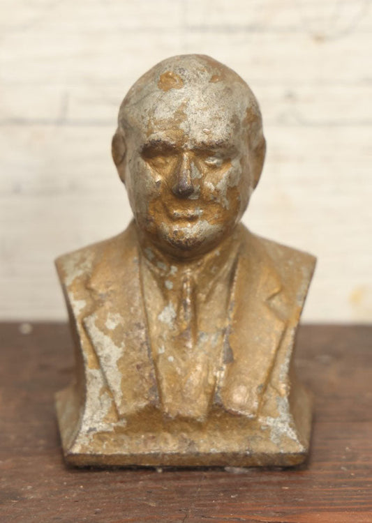 Lot 031 - Heavy Cast Metal Bust, Likely President Franklin Delano Roosevelt Or Lyndon B. Johnson, Poorly Cast, Gold Paint