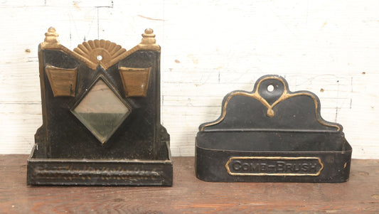 Lot 033 - Pair Of Antique Pressed Tin Wall Hangers, Match Holder And Match Strike With Mirror And Comb / Brush Barbershop Bathroom Holder, Black And Gold Paint