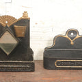 Lot 033 - Pair Of Antique Pressed Tin Wall Hangers, Match Holder And Match Strike With Mirror And Comb / Brush Barbershop Bathroom Holder, Black And Gold Paint