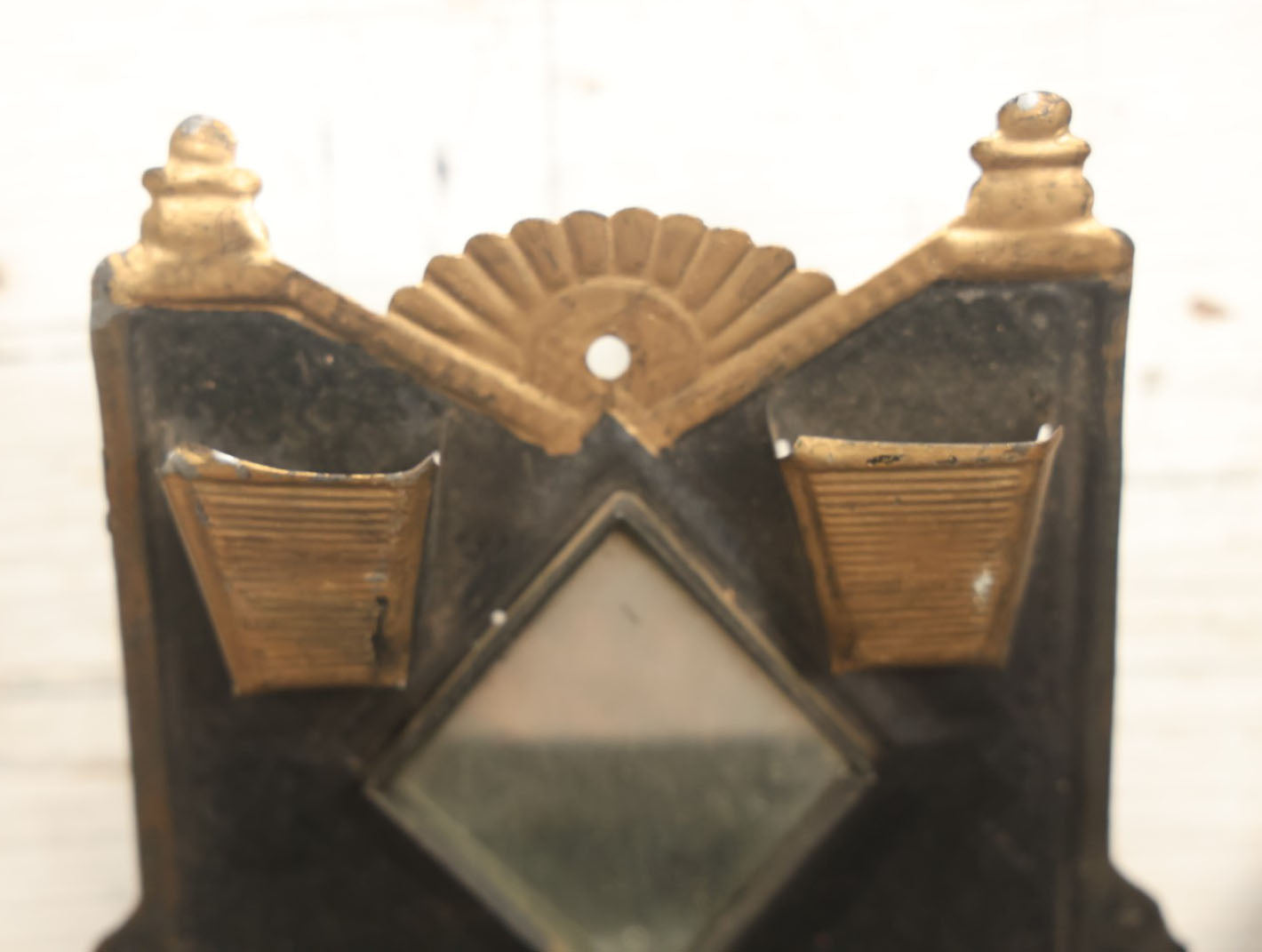 Lot 033 - Pair Of Antique Pressed Tin Wall Hangers, Match Holder And Match Strike With Mirror And Comb / Brush Barbershop Bathroom Holder, Black And Gold Paint