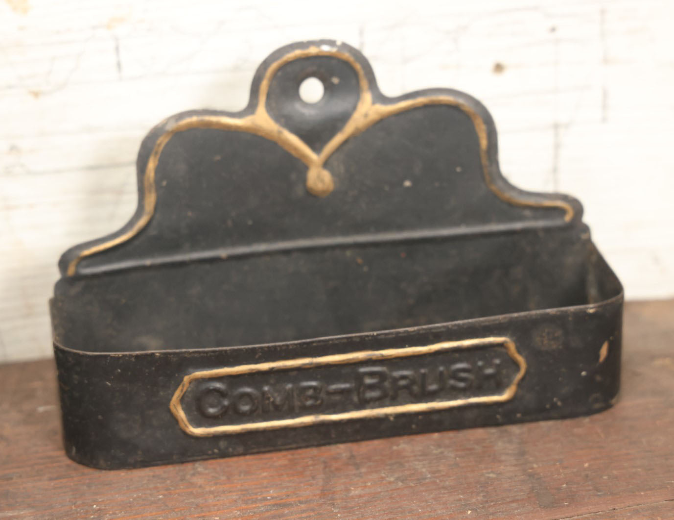 Lot 033 - Pair Of Antique Pressed Tin Wall Hangers, Match Holder And Match Strike With Mirror And Comb / Brush Barbershop Bathroom Holder, Black And Gold Paint