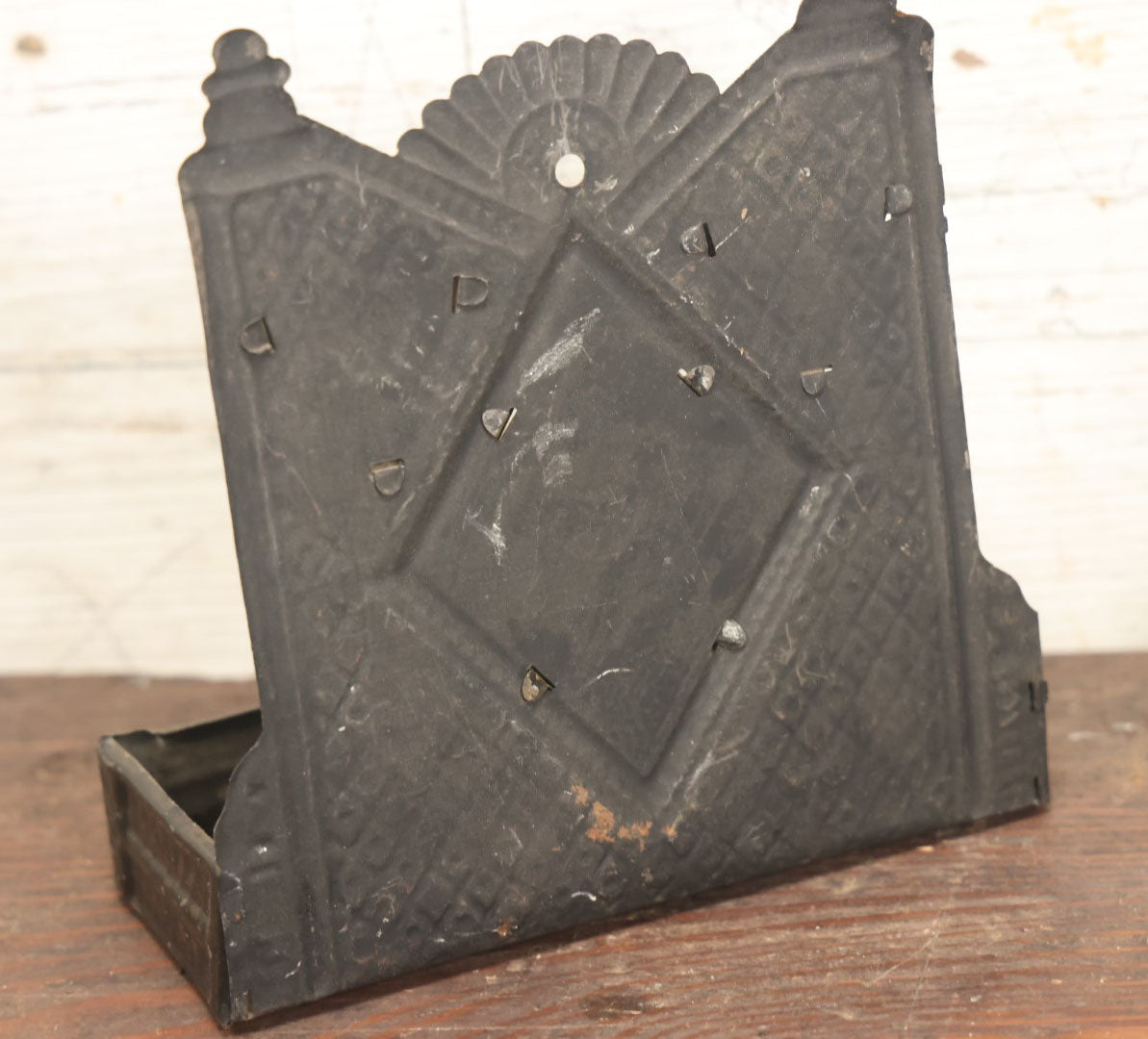 Lot 033 - Pair Of Antique Pressed Tin Wall Hangers, Match Holder And Match Strike With Mirror And Comb / Brush Barbershop Bathroom Holder, Black And Gold Paint