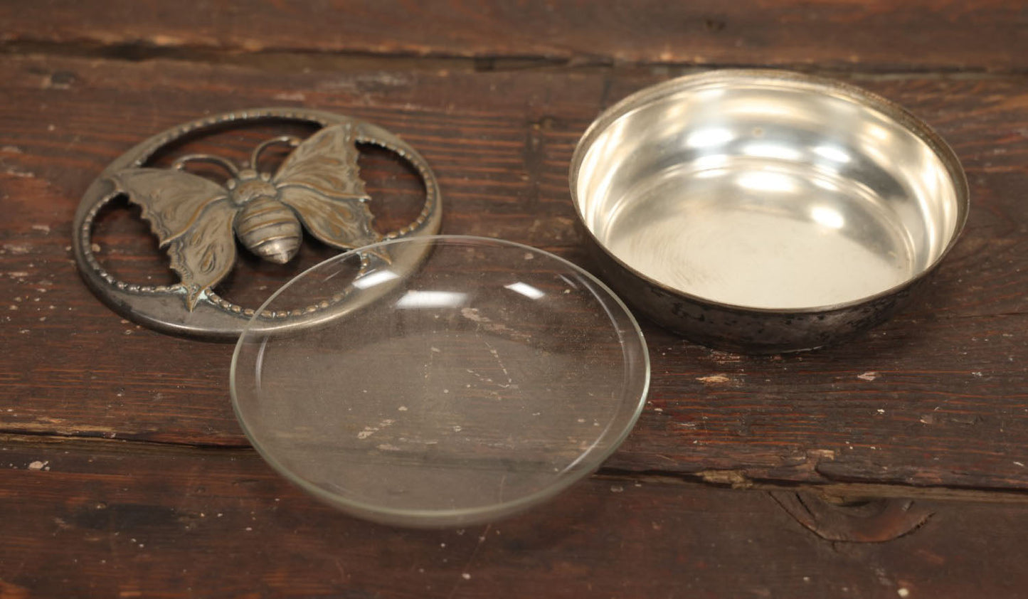 Lot 035 - Antique Silver Plate Butterfly Receiver Dresser Dish With Glass Insert, Hallmarked