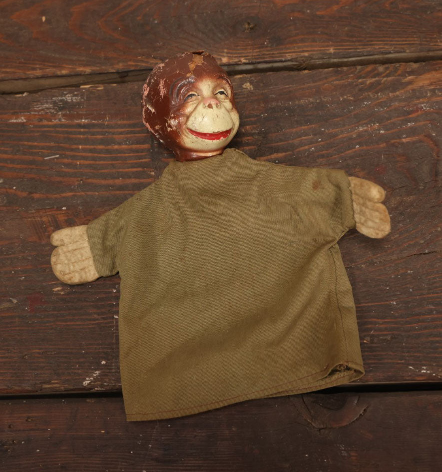 Lot 039 - Vintage Composition Head Monkey Puppet With Green Fabric Body, Various Wear And Losses