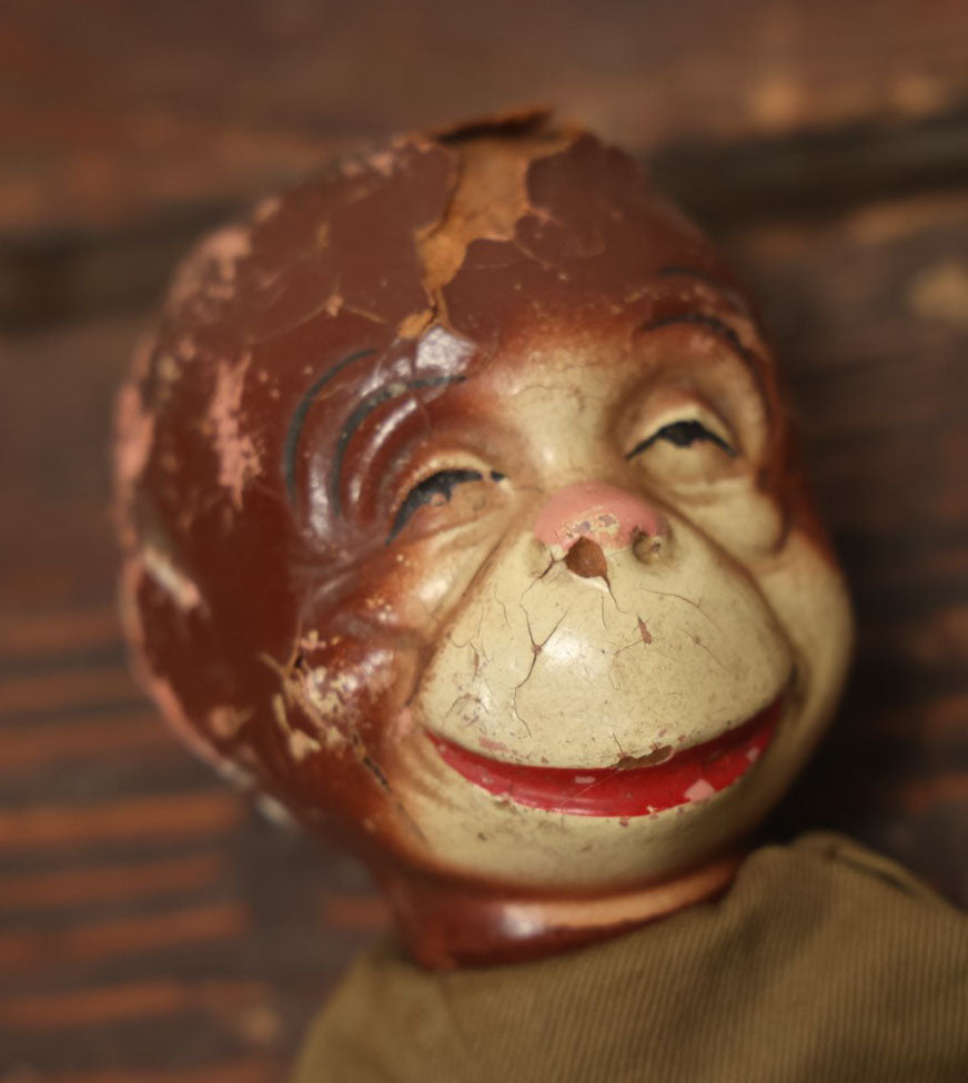 Lot 039 - Vintage Composition Head Monkey Puppet With Green Fabric Body, Various Wear And Losses