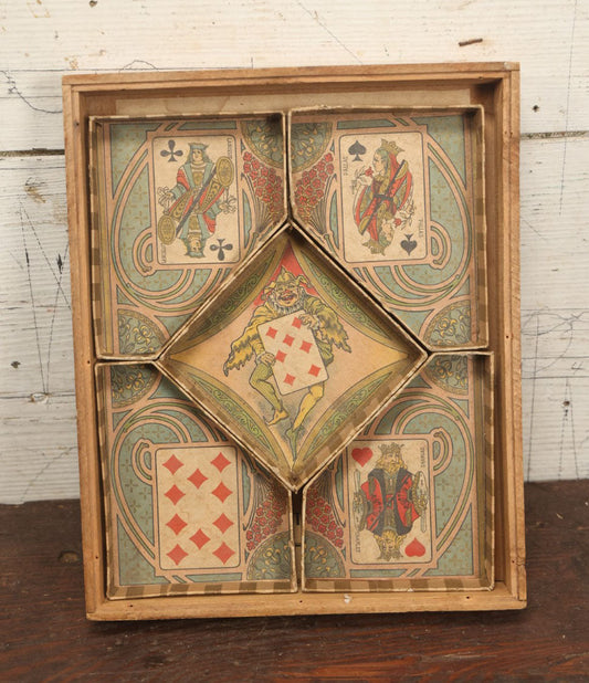 Lot 040 - Antique French Board Game Partial Box With Lithographed Containers, Nain Jaune, "The Yellow Dwarf," With Clown And Playing Card Motifs, By N.K., Editburs-Fabricaxts, Paris, Incomplete