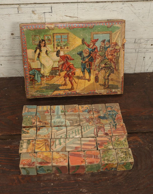 Lot 041 - Antique Lithographed Block Puzzle With Snow White And The Seven Dwarves On Cover, 35 Pieces, Complete, Various Wear And Losses, Fading