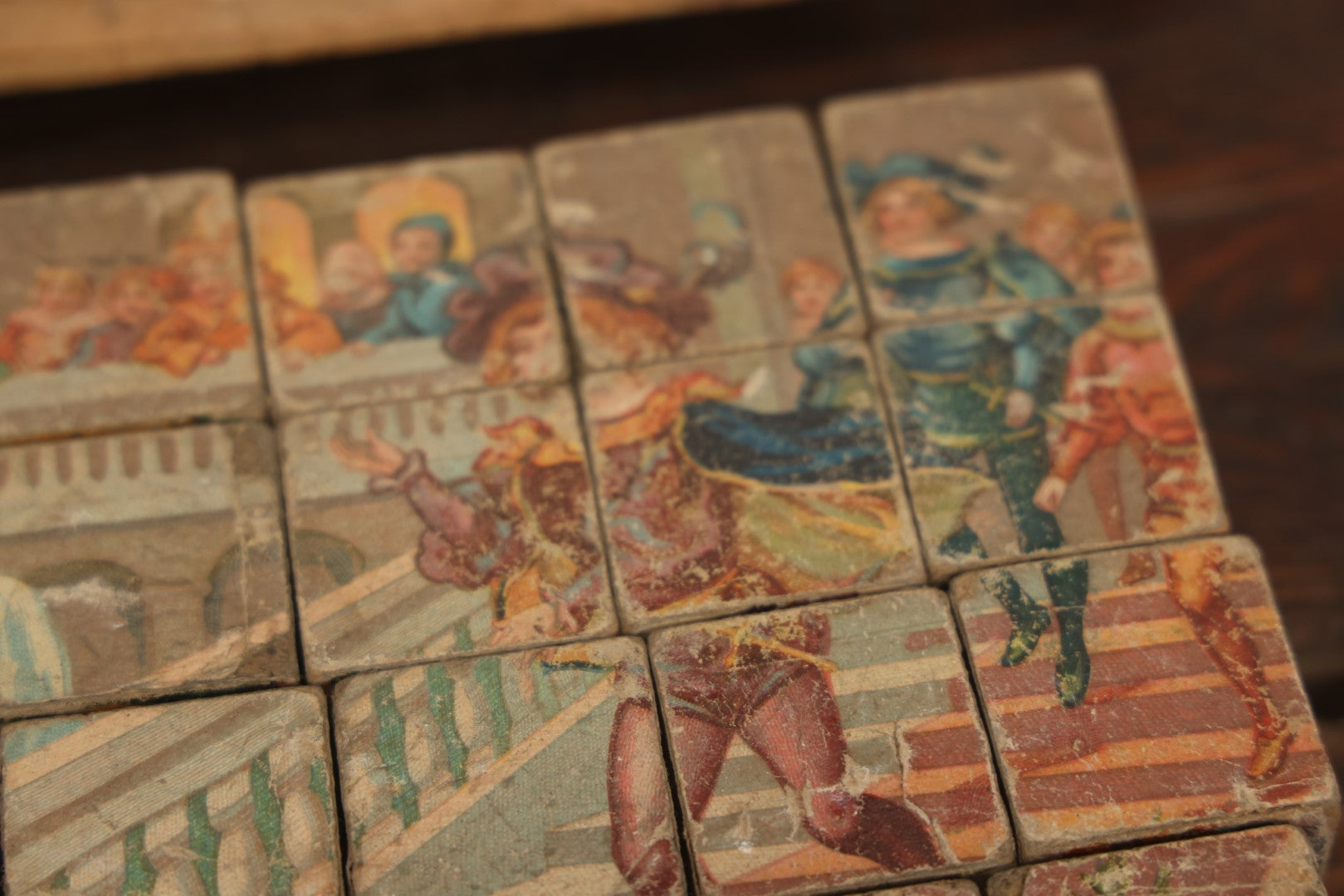 Lot 041 - Antique Lithographed Block Puzzle With Snow White And The Seven Dwarves On Cover, 35 Pieces, Complete, Various Wear And Losses, Fading